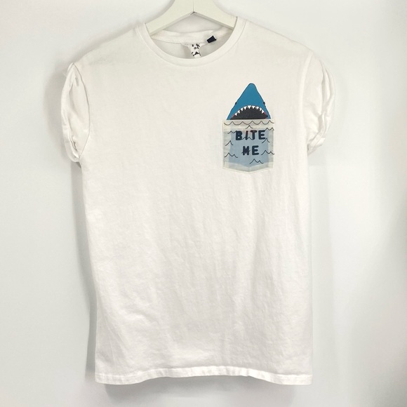 Tee & Cake for Topshop Bite Me Shark Pocket White Cuffed Tee 4 - Picture 2 of 7